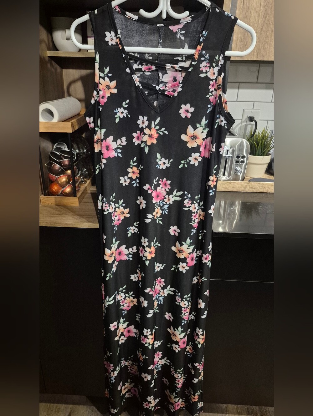 Sleeveless Black Floral Maxi Dress with Pink & Peach Blooms